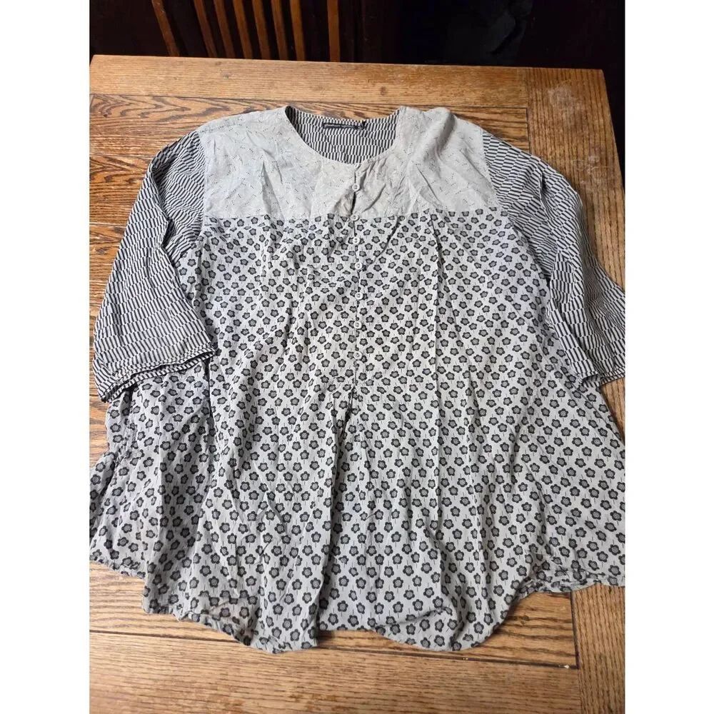 Gudrun Sjoden black&white striped floral tunic blouse sz XL